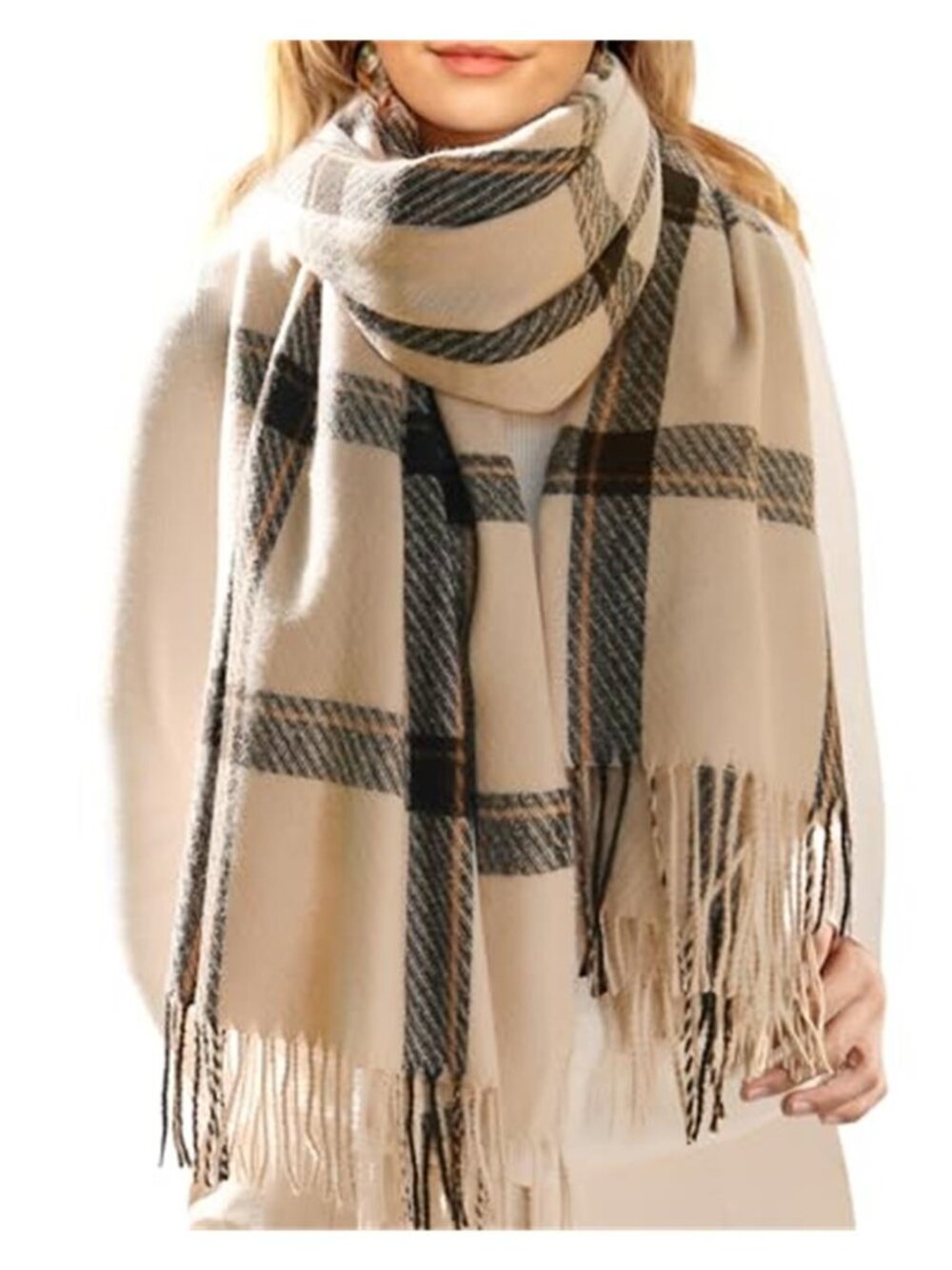 Winter Scarf for Women Oversized Plaid Tassel Shawl Wrap